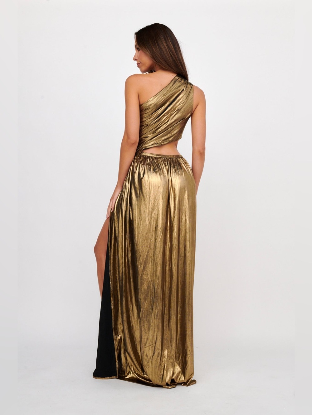 Selfie Leslie Fortuna One Shoulder Split Maxi Dress Black/Gold - Picture 5 of 5
